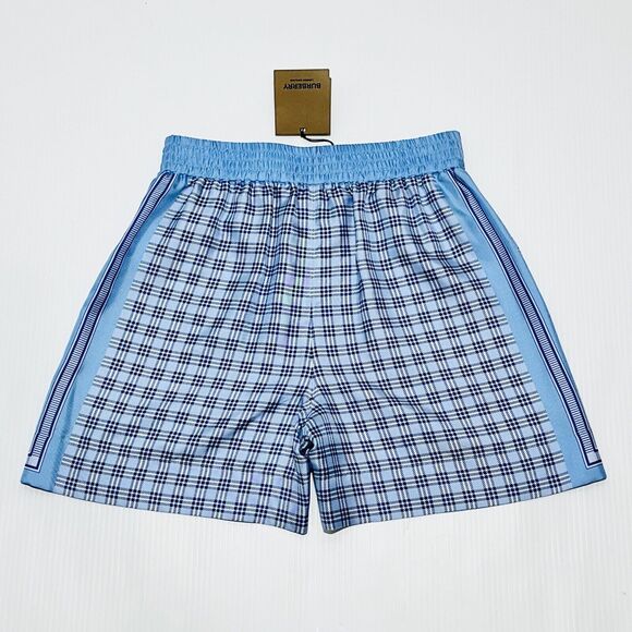Burberry High Waist Pull On Shorts Size 4 Blue Check Print 100% Silk NWT $820 - Picture 6 of 13